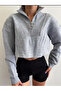 Fermuarlı Crop Sweatshırt Gri