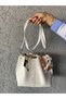 Crocos Women's White Scarf Chain Accessory Soft Leather 3 Compartment Handbag and Shoulder Bag - 4