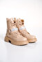 WOMEN'S NUDE STONE DETAILED SIDE ZIPPER LACE-UP BOOTS POSTAL - 4