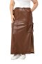Plus Size Gather Detailed Slit Long Leather Brown Skirt with Waist and Pockets - 4