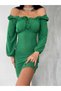 Women's Green U-Neck Lace Detail Balloon Sleeve Wrap Fabric Graduation Wedding Wedding Dress - 4