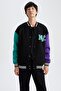 Oversize Fit College Collar Bomber Printed Soft Furry Cardigan - 6