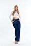 Navy Blue Elastic Waist High Waist Wide Leg Jeans Wide Leg Jeans - 2