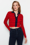 Navy Blue Crop Striped Polo Neck Knitwear Cardigan Twoaw24Hi00384