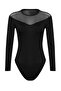 Siyah Slim Tül Detaylı Kalp Yaka Alttan Çıtçıtlı Fitilli Esnek Örme Body TWOAW24BD00019 - 6