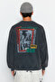 Antrasit %100 Pamuk Oversize/Geniş Kesim Eskitme/Soluk Efektli Şardonsuz Sweatshirt TMNAW24SW00080 - 7