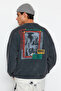 Antrasit %100 Pamuk Oversize/Geniş Kesim Eskitme/Soluk Efektli Şardonsuz Sweatshirt TMNAW24SW00080 - 4