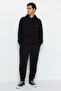 Siyah Oversize/Geniş Kesim Kapüşonlu Nakışlı Sıcak Tutan Sweatshirt Eşofman Takım TMNAW24EM00000 - 3