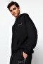 Siyah Oversize/Geniş Kesim Kapüşonlu Nakışlı Sıcak Tutan Sweatshirt Eşofman Takım TMNAW24EM00000 - 5