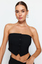 Siyah Straplez Düğme Detaylı Crop Dokuma Bluz TWOAW24BZ00421 - 9