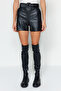 Black Faux Leather Belted Woven Shorts TWOAW24SR00082 - 4