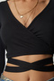 Women's Black Tied Wrap Collar Crop Blouse UB00134 - 5