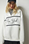 Women's Ecru Zippered Collar Printed Raised Sweatshirt UB00168 - 4