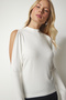 Women's Ecru High Collar Off-the-Shoulder Knitwear Blouse UB00152 - 3