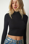 Women's Black High Collar Ribbed Camisole Crop Blouse ub00165 - 3