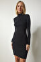 Women's Black Turtleneck Shawl Saran Ribbed Knitted Dress HJ00004