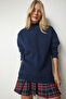 Women's Navy Blue Stand Collar Basic Ribbed Sweatshirt UB00166 - 3