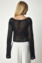 Women's Black Boat Neck Openwork Knitwear Crop Sweater PF00016 - 5