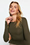 Khaki Boat Neck Ribbed Flexible Regular Fit Long Sleeve Button Detailed Knitted Blouse TWOAW24BZ00052 - 3