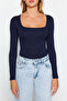 Lacivert Fitted/Vücuda OturaKare Yaka Alttan Çıtçıtlı Örme Body TWOAW24BD00062 - 3