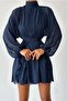 Lined Chiffon Fabric Sash Detailed High Collar Long Sleeve Navy Blue Evening Dress 071