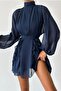 Lined Chiffon Fabric Sash Detailed High Collar Long Sleeve Navy Blue Evening Dress 071 - 3