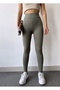 Women's Khaki Cotton Lined High Waist Ribbed Tummy Control Leggings - 4
