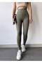 Women's Khaki Cotton Lined High Waist Ribbed Tummy Control Leggings - 5