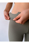 Women's Khaki Cotton Lined High Waist Ribbed Tummy Control Leggings - 2