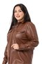 Plus Size Contrast Stitching Snap Closure Leather Brown Shirt - 4