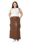 Plus Size Gather Detailed Slit Long Leather Brown Skirt with Waist and Pockets
