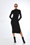 Black Ribbed Fitted Long Sleeve Slit Midi Dress
