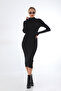 Black Ribbed Fitted Long Sleeve Slit Midi Dress - 3