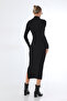 Black Ribbed Fitted Long Sleeve Slit Midi Dress - 5