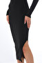 Black Ribbed Fitted Long Sleeve Slit Midi Dress - 6