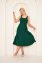 Women's Flexible Crepe Fabric Midi Length Thick Strap Square Neck Flared Cut Emerald Green Dress 086 - 7