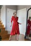 Women's Red Crepe Fabric Midi Length Belted Long Sleeve Graduation Wedding Wedding Dress (RED) - 4