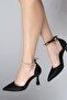 Black Satin Ankle Strap Stoned Stiletto Goblet Heeled Shoes - Glossy - 4