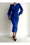 Women's Blue Balloon Sleeve Double Breasted Collar Detailed With Belt Scuba Fabric Graduation Wedding Wedding Dress - 2