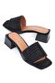 Capone Blunt Toe Single Strap Block Heeled Satin Labyrinth Patterned Black Women's Slippers - 7