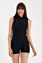 Women's Thick Strap Half Zipper Swimsuit with Shorts One Piece Black - 2
