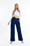 Navy Blue Elastic Waist High Waist Wide Leg Jeans Wide Leg Jeans