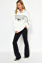 Ecru Zippered Printed Oversize/Wide Fit Thick Fleece Inside Knitted Sweatshirt TWOAW24SW00184 - 3