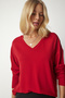 Women's Red V-Neck Knit Blouse UB00150 - 2