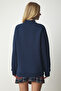 Women's Navy Blue Stand Collar Basic Ribbed Sweatshirt UB00166 - 6