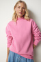 Women's Light Pink Stand Collar Basic Ribbed Sweatshirt UB00166