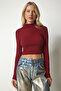 Women's Claret Red High Collar Ribbed Camisole Crop Blouse ub00165