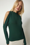 Women's Emerald Green High Collar Off-the-Shoulder Knitwear Blouse UB00152