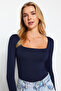 Lacivert Fitted/Vücuda OturaKare Yaka Alttan Çıtçıtlı Örme Body TWOAW24BD00062