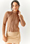 Women's Leopard Brown Piece High Collar Lycra Crop Blouse BLZ-19002398 - 3